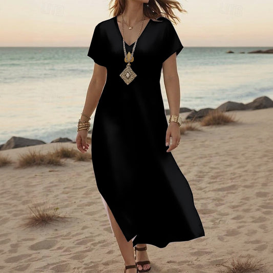 Queen of Spades Elegantes Jersey Kleid mit V Ausschnitt und Seitenschlitz