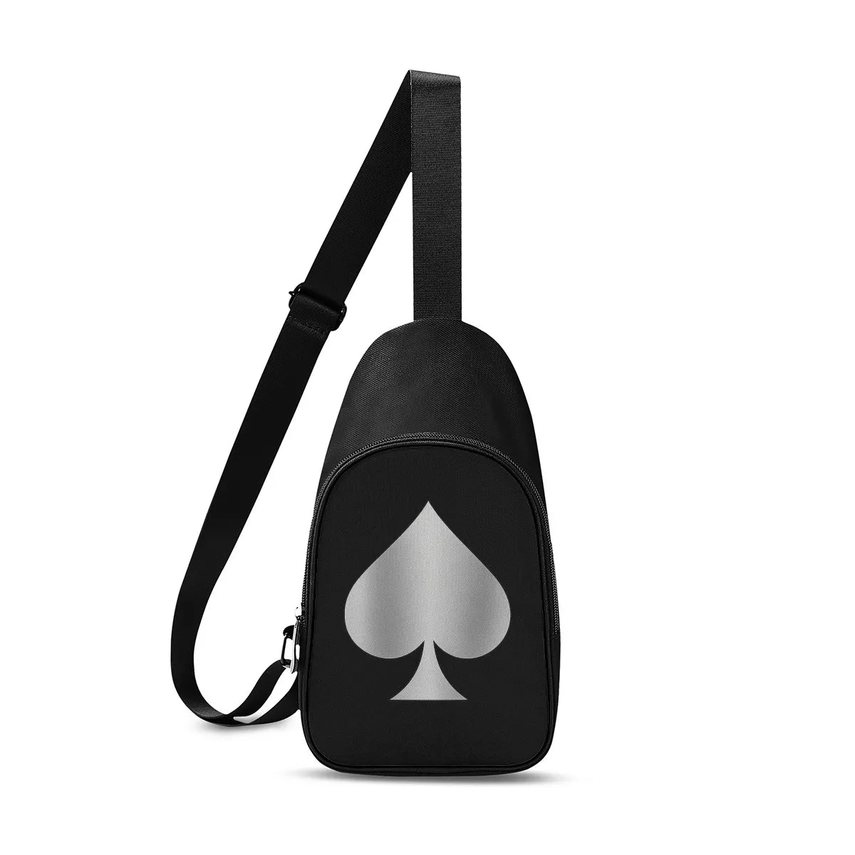 Brusttasche mit schwarzer PU-Rückseite und Schultergurt, Seitenansicht.Silber front