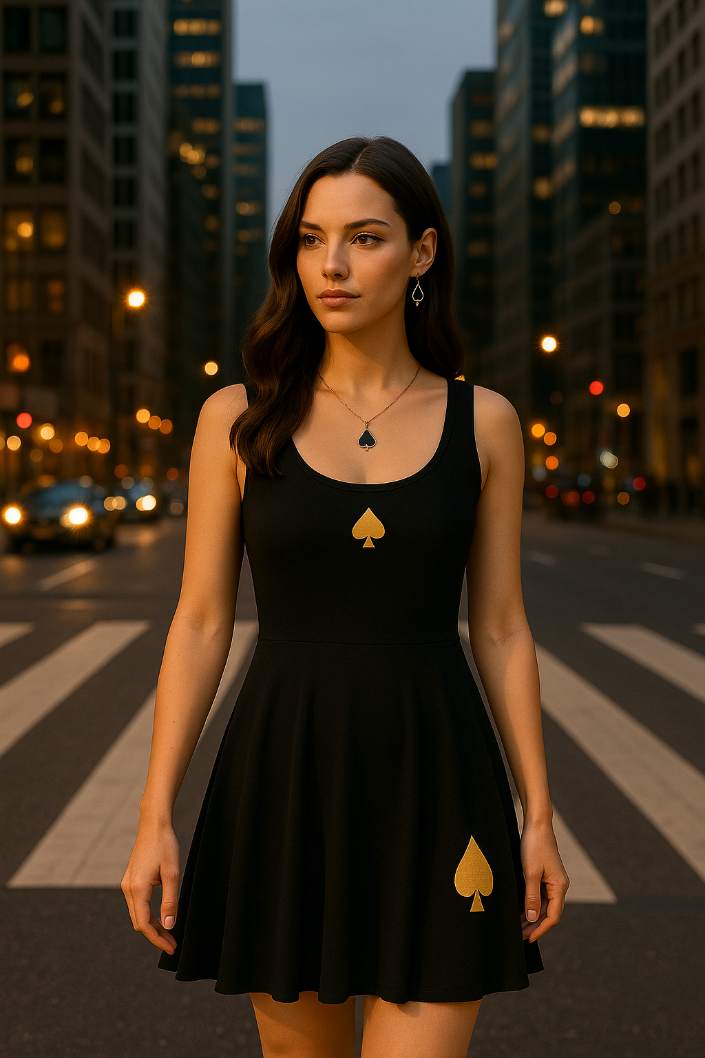 Eine junge Frau mit langen dunklen Haaren trägt ein schwarzes Skaterkleid mit goldenen Pik-Symbolen auf Brust und Rocksaum. Sie steht abends auf einem Zebrastreifen inmitten einer Stadt, umgeben von Hochhäusern und Straßenlichtern, mit ernstem Blick zur Seite.