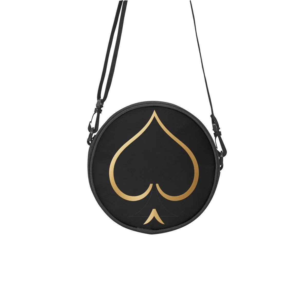 Detailaufnahme des gold-schwarzen Pik-Designs auf der Queen-of-Spades-Tasche schwarz