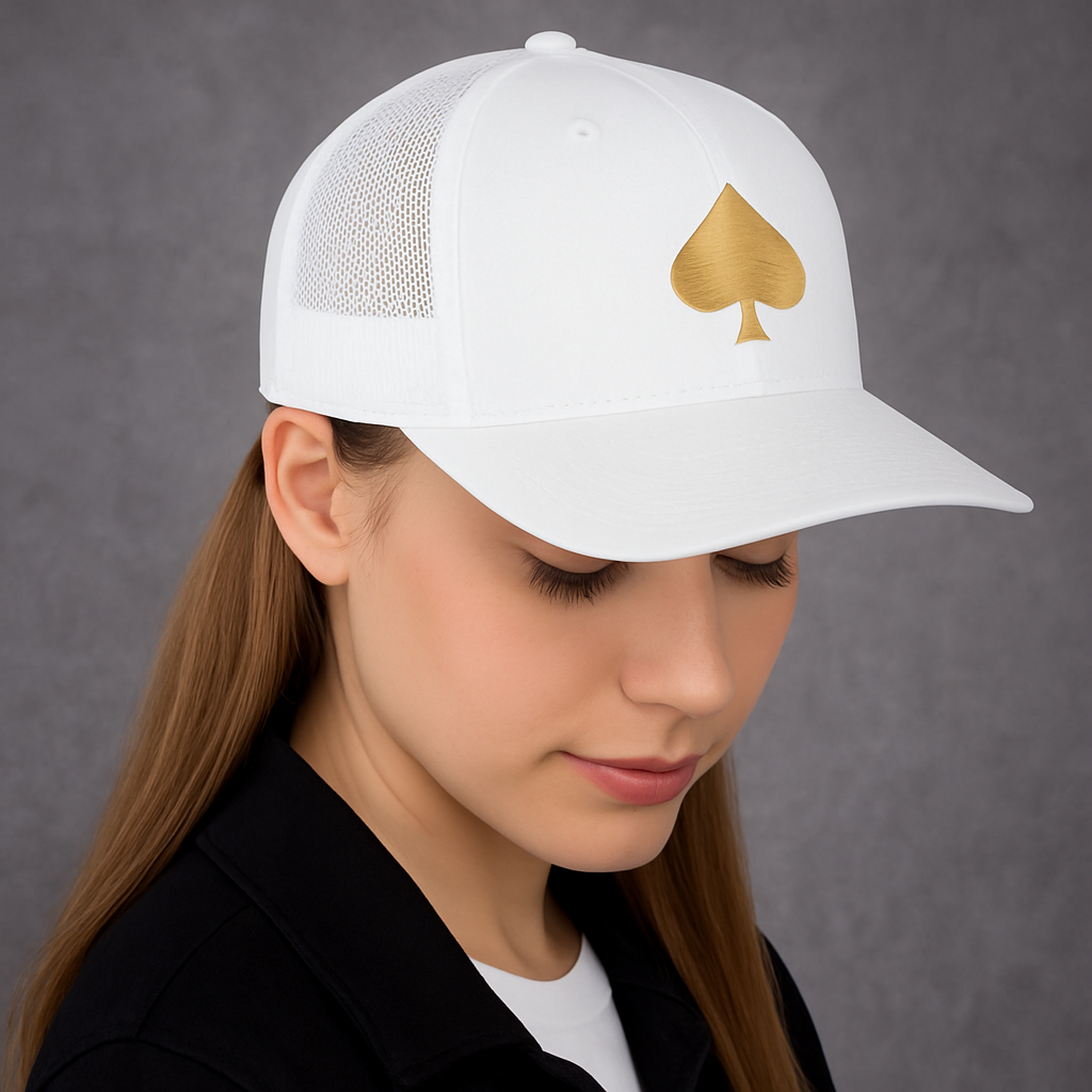 Frau mit weißer Trucker-Cap, goldenes Pik-Symbol auf der Vorderseite, Kopf leicht gesenkt.
