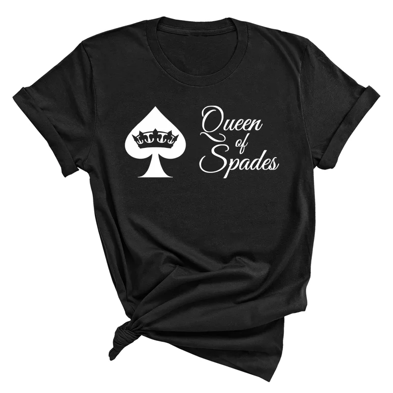 Schwarz T-Shirt mit Pik, und Krone Symbol und Queen of Spades Aufschrift