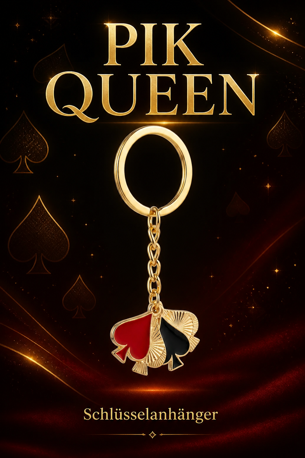 Queen of Spades Schlüsselanhänger mit rotem und schwarzem Pik in goldenem Metallrahmen