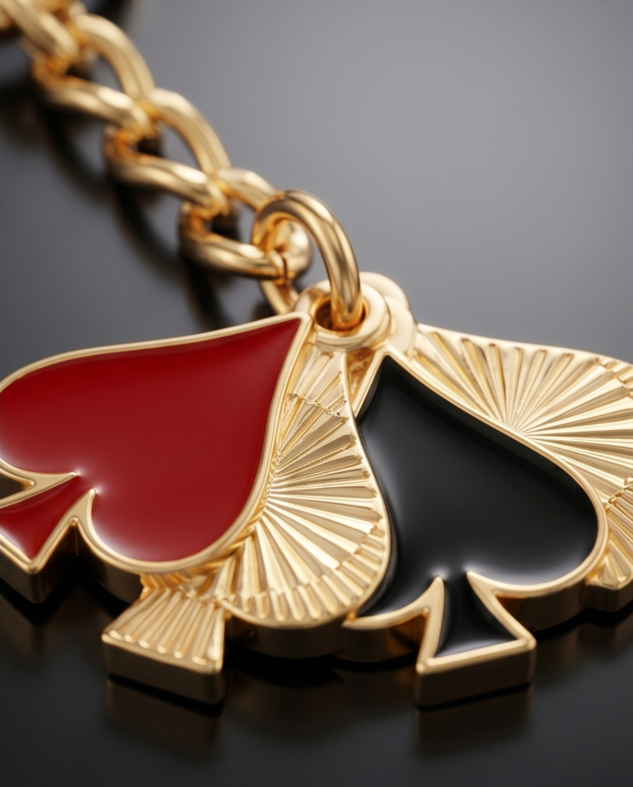 Queen of Spades Schlüsselanhänger mit rotem und schwarzem Pik in goldfarbenem Metallrahmen