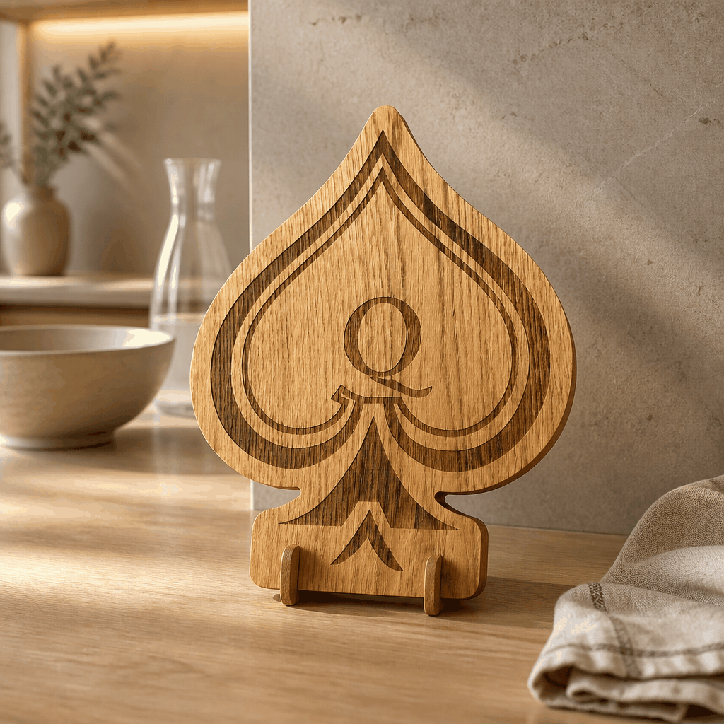Queen of Spades Servierbrett aus Eichenholz mit schwarzem MDF-Kern und exklusiver Lasergravur