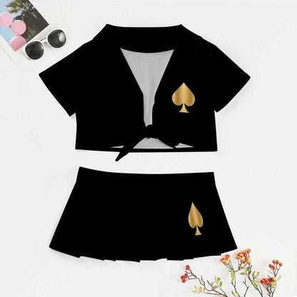 Queen of Spades Damen Outfit mit Tiefem Ausschnitt und Mini Rock in Schwarz und Gold