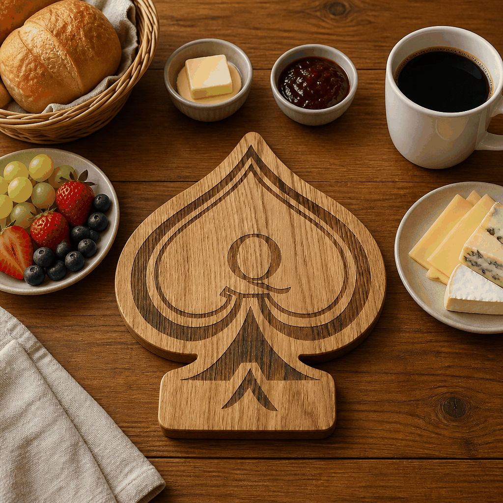 Queen of Spades Servierbrett aus Eichenholz mit schwarzem Kern und exklusiver Lasergravur