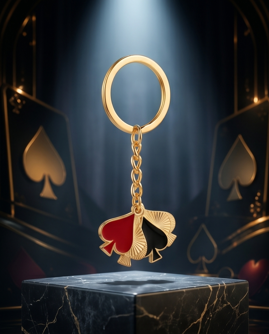 Queen of Spades Schlüsselanhänger mit rotem und schwarzem Pik in goldfarbenem Metallrahmen
