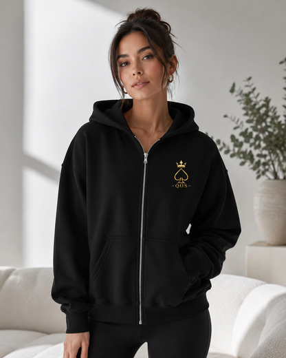 Schwarze Queen of Spades Unisex Kapuzenjacke mit Reißverschluss und dezentem Spade-Logo aus weichem Fleece