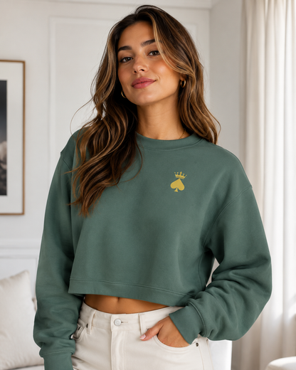 Queen of Spades Damen Sweatshirt mit Pik Spade-Logo, schwarzer Rundhals-Pullover aus Bio-Baumwolle