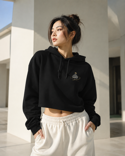 Queen of Spades Hoodie Damen Cropped Kapuzenpullover mit Spade-Logo und weichem Fleece in Schwarz