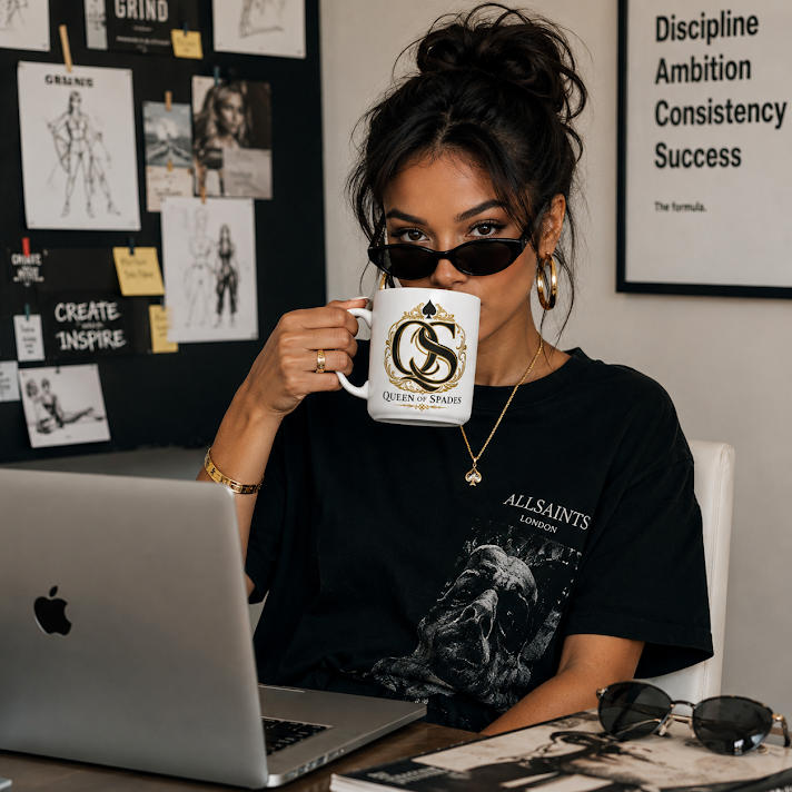 Queen of Spades Kaffee Tasse mit schwarzem und goldenem Design