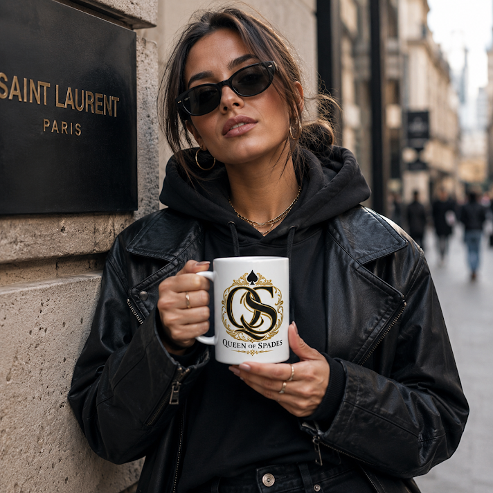 Weiße Queen of Spades Keramiktasse mit glänzendem Finish und markantem Spade-Logo