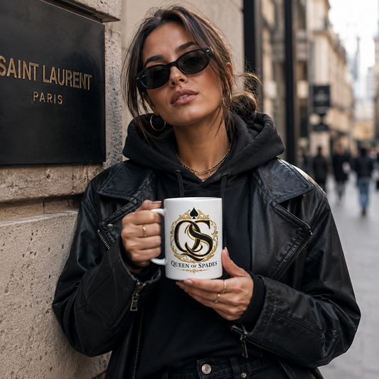 Weiße Queen of Spades Keramiktasse mit glänzendem Finish und markantem Spade-Logo