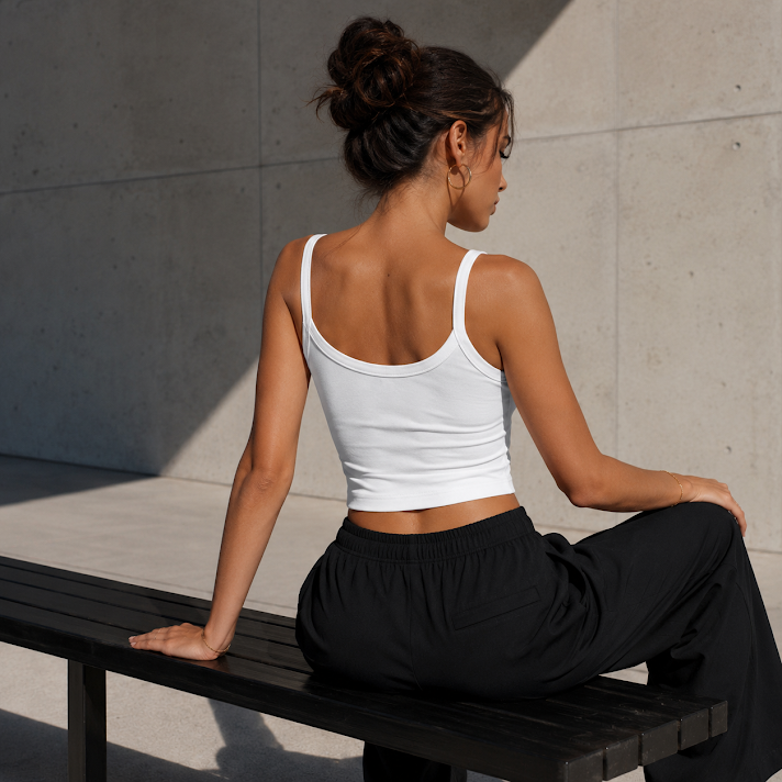 Queen of Spades Damen Micro-Rib Tank Top in Weiß mit Spade-Logo, körpernaher Stretch Fit, feine 1x1 Micro-Rib-Struktur und dicken Trägern