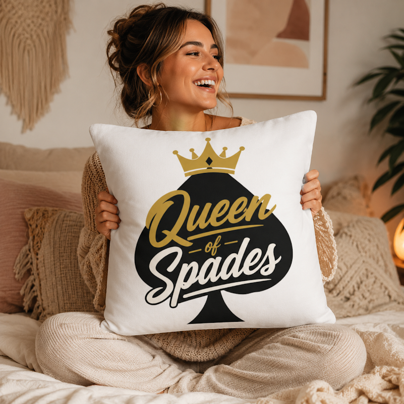 Queen of Spades Dekokissen mit schwarzem und goldenem Pik Spade-Logo auf weißem Polyesterbezug, quadratisch und bequem.
