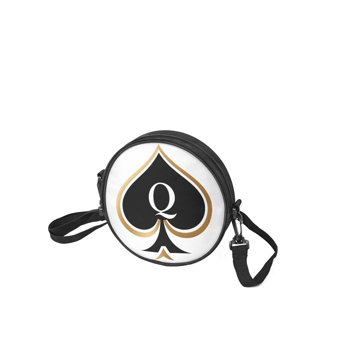 Detailaufnahme des gold-schwarzen Pik-Designs auf der Queen-of-Spades-Tasche.