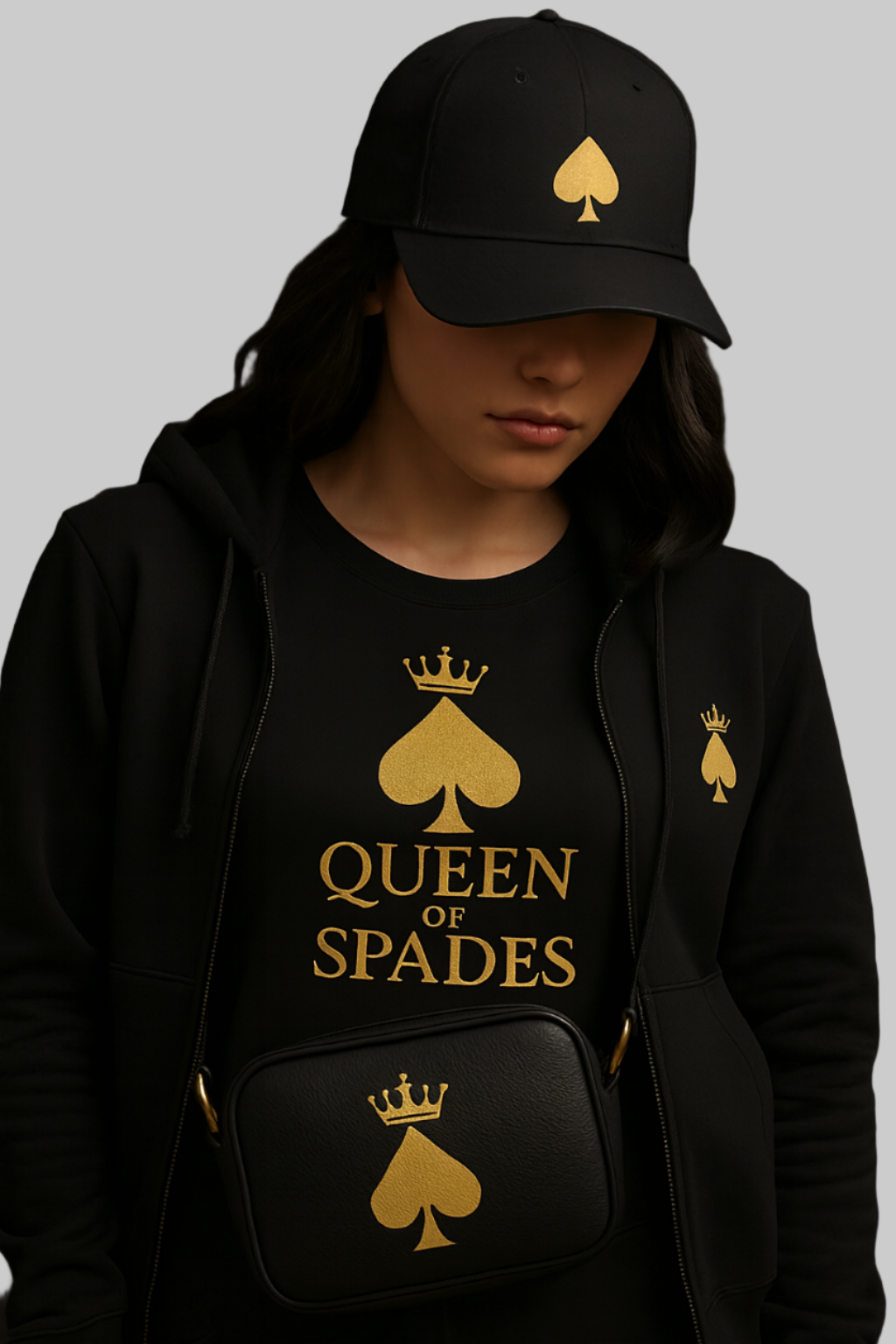 Eine Frau trägt eine schwarze Baseball-Cap mit goldenem Pik-Symbol ohne Krone. Dazu kombiniert sie ein schwarzes T-Shirt mit „QUEEN OF SPADES“-Print und weiteren goldenen Pik-Designs sowie eine schwarze Umhängetasche mit goldener Krone-und-Pik-Grafik. Der Hintergrund ist dunkel, die Szene wirkt wie ein Studio-Shooting.