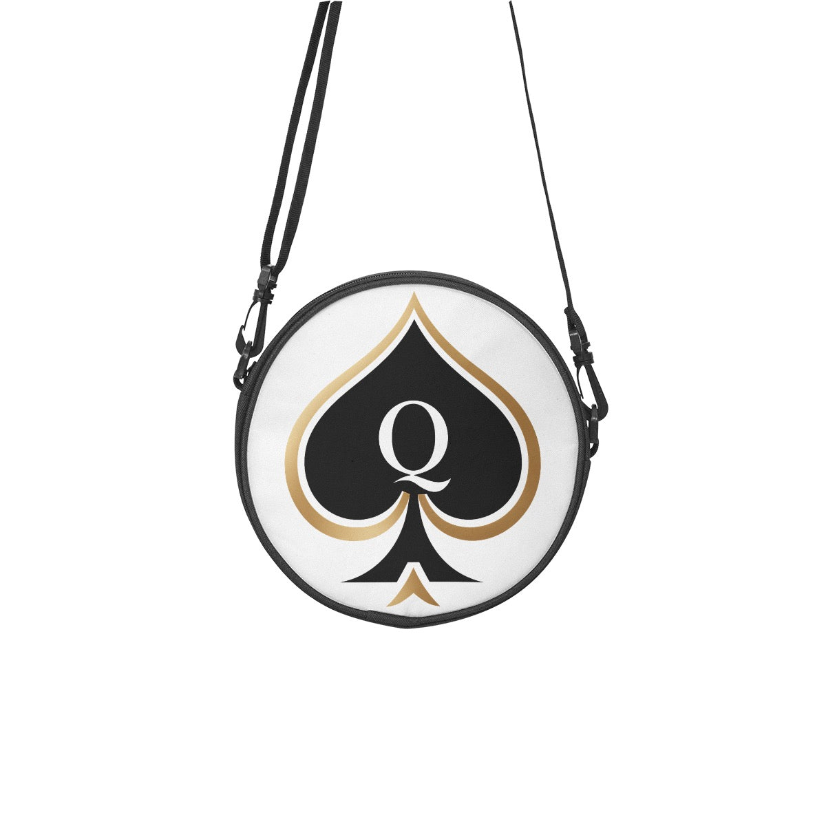 Runde Handtasche Queen of Spades aus schwarzem Canvas mit goldenem Pik-Symbol, Vorderansicht.