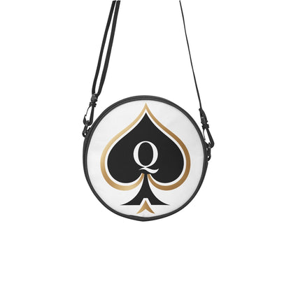 Runde Handtasche Queen of Spades aus schwarzem Canvas mit goldenem Pik-Symbol, Vorderansicht.