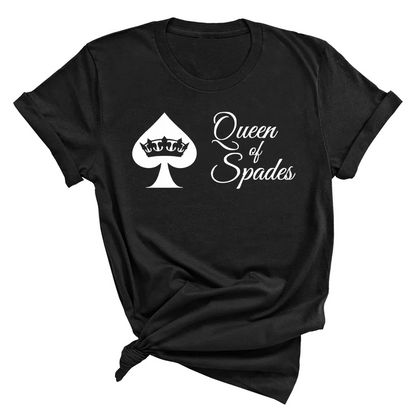 Schwarz T-Shirt mit Pik, und Krone Symbol und Queen of Spades Aufschrift