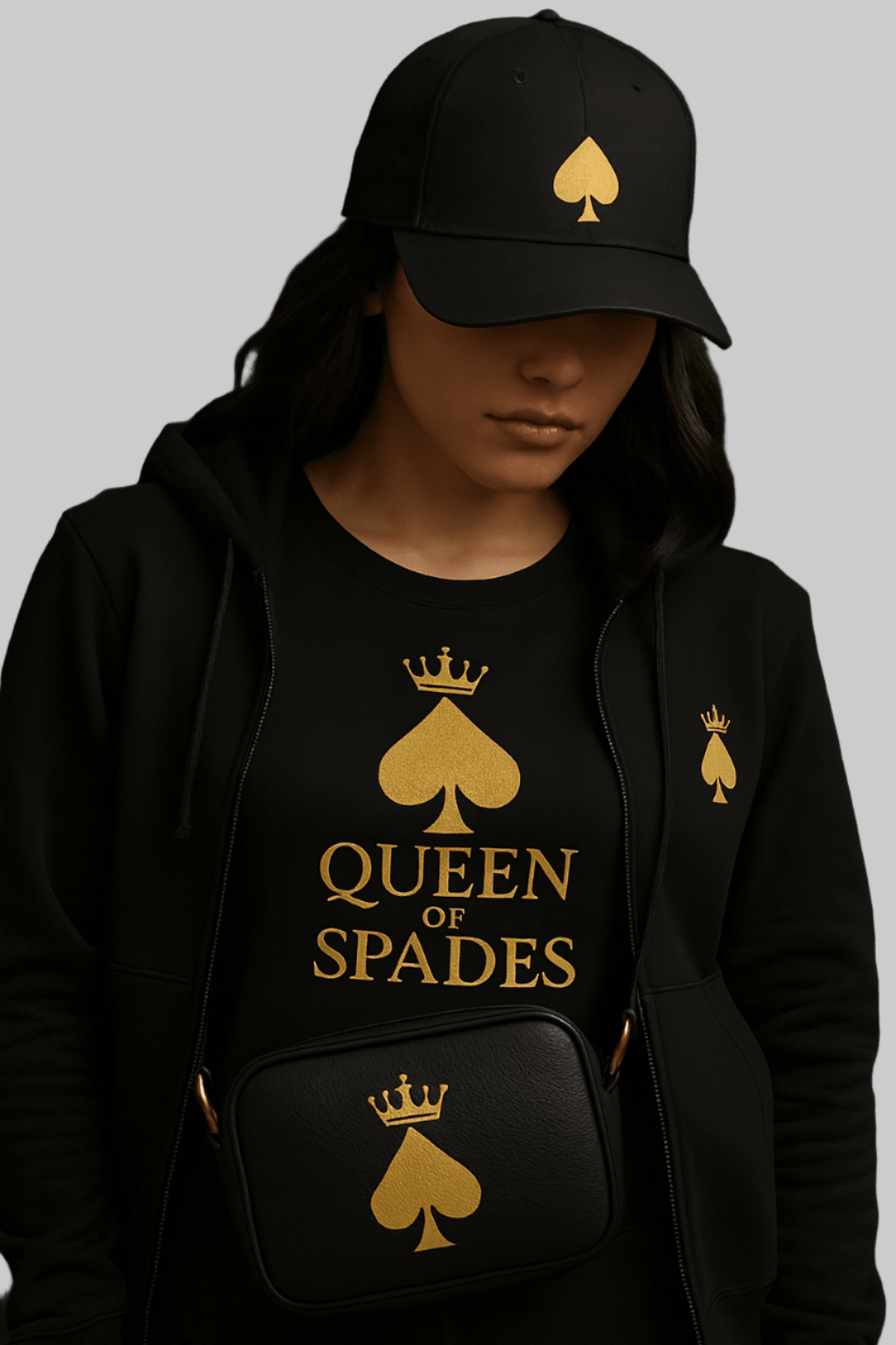 Queen of Spades Cap Goldenes schwarz-weiß mit goldenem Pik-Detail, hochwertige Baumwoll-Chino-Cord, verstellbarer Riemen, unstrukturierter Streetwear-Look