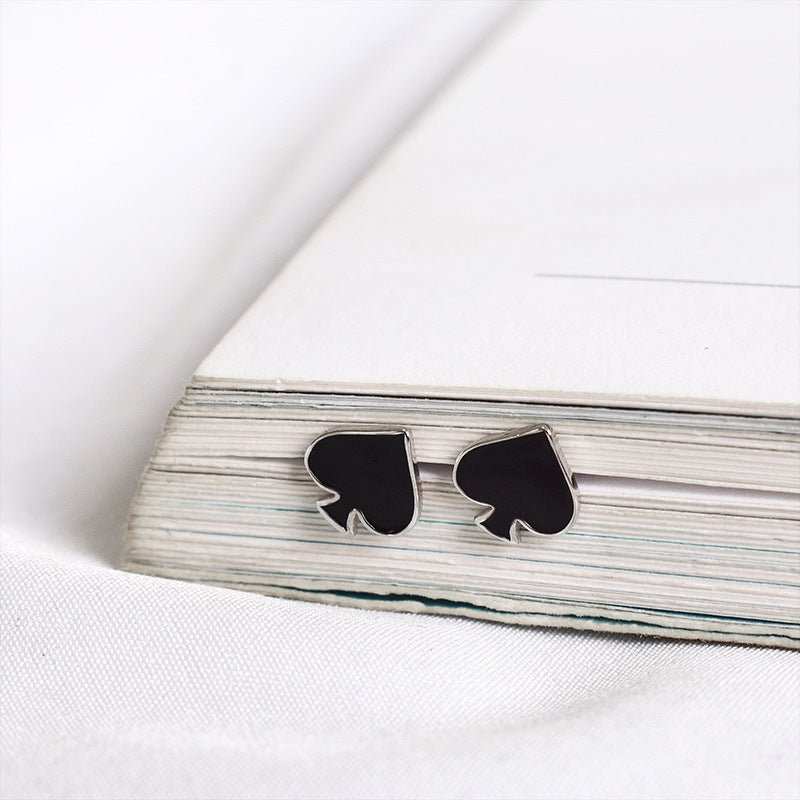 Queen of Spades black stainless steel spade symbol stud earrings with butterfly clasp, elegant and discreet statement jewelry