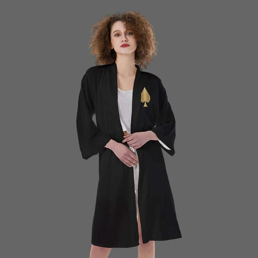 Queen of Spades satin kimono in elegant feminine silhouette with removable waist belt