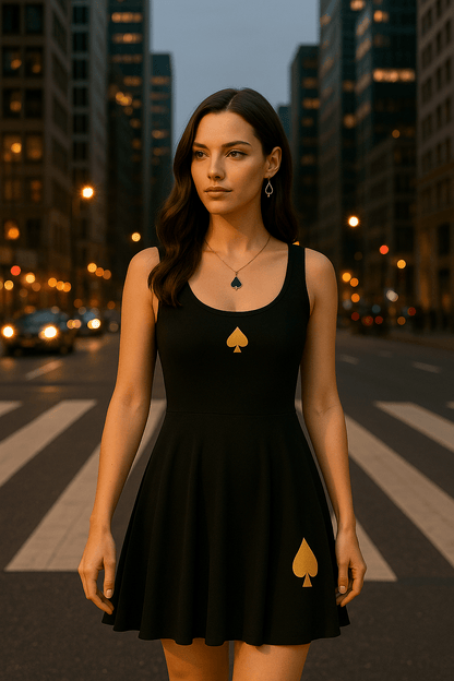 Schwarzes Queen of Spades Skaterkleid mit goldenen Pik-Symbolen und ausgestelltem Rock
