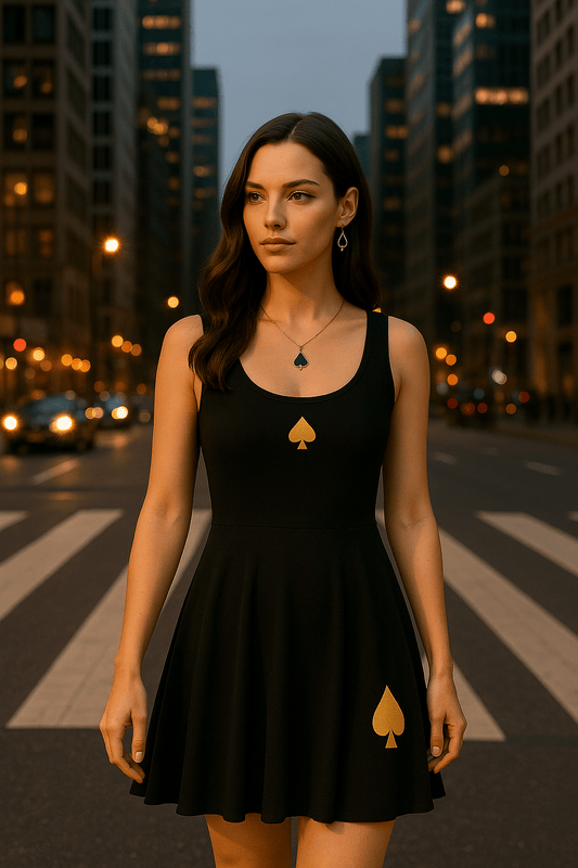Schwarzes Queen of Spades Skaterkleid mit goldenen Pik-Symbolen und ausgestelltem Rock