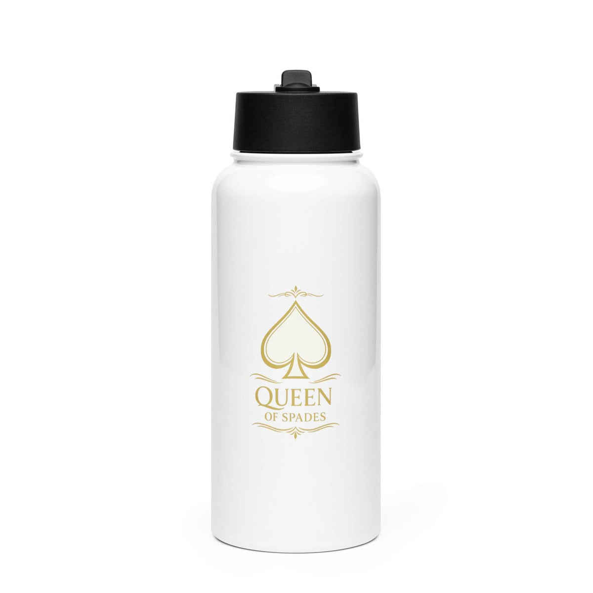 Queen of Spades Royal Edelstahl Trinkflasche mit Strohhalm und mattweißem Finish, 950 ml, doppelwandig isoliert