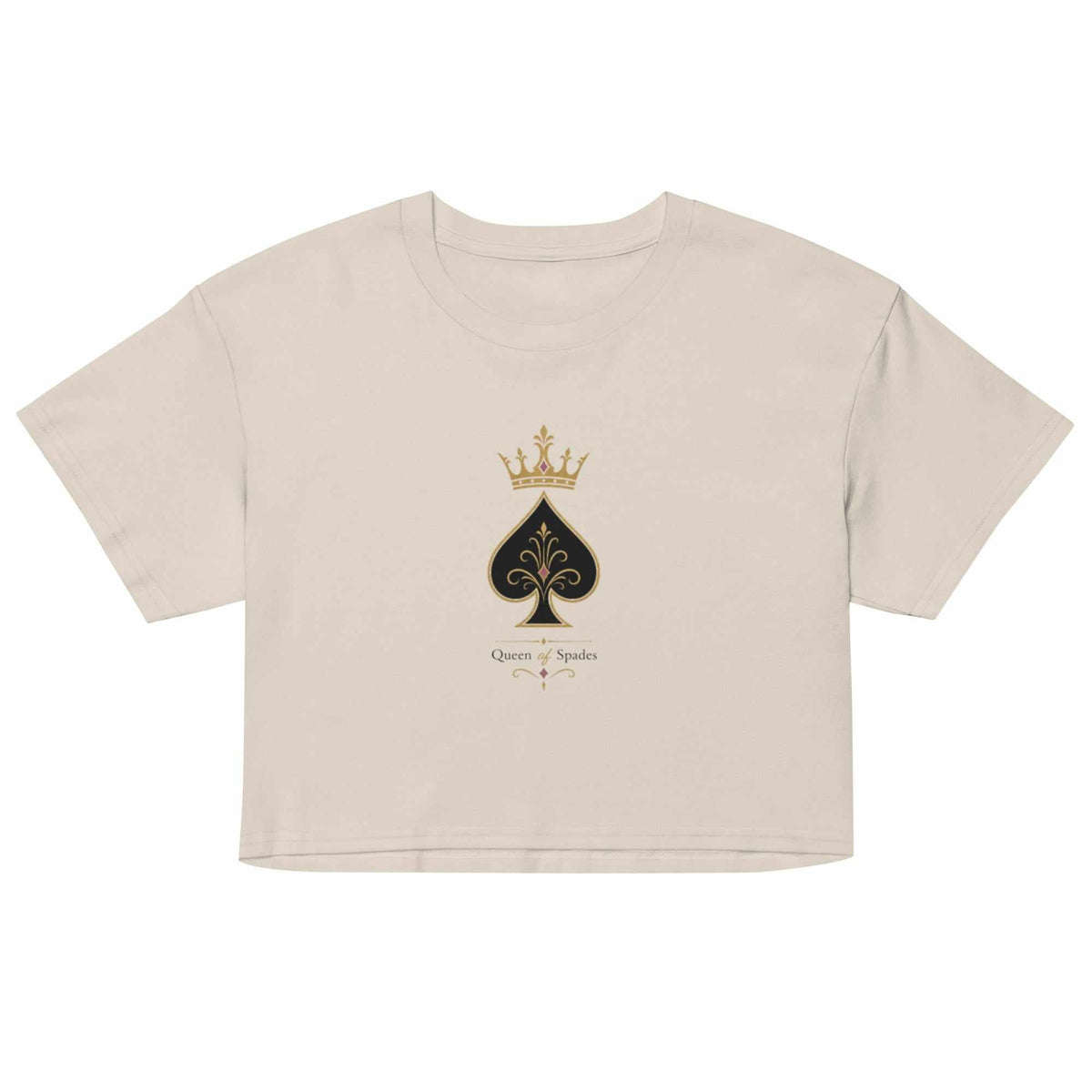 Damen Cropped T-Shirt Queen of Spades mit dezentem Pik Motiv aus weicher Baumwolle in weiß