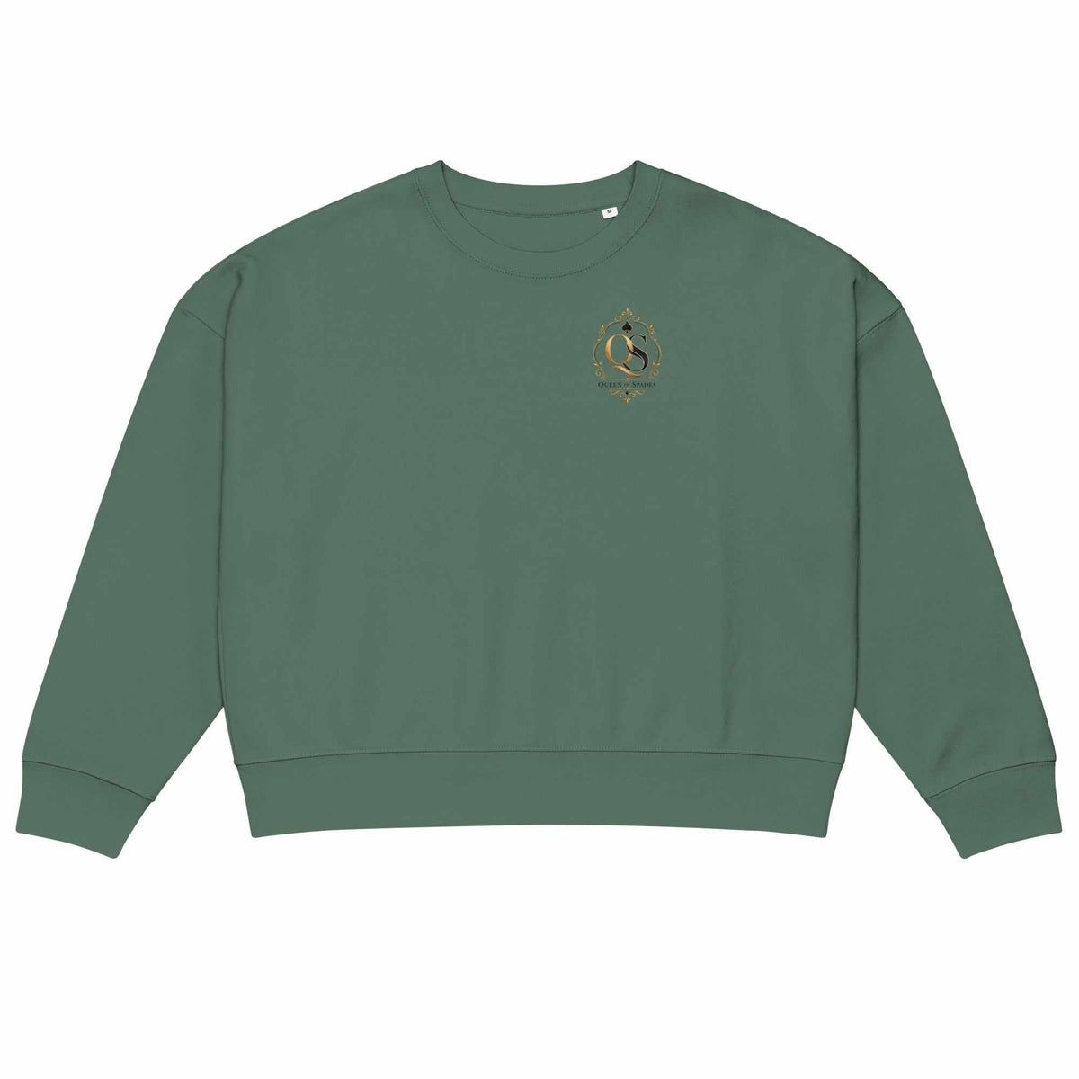 Queen of Spades Damen Bio-Sweatshirt mit Rundhals und dezenter Pik Spade Logo auf grünem Stoff